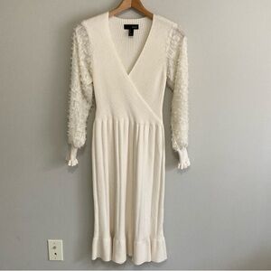 SBetro Cream Wrap Sweater Dress with Bishop sleeves, size medium, ribbed ruffle